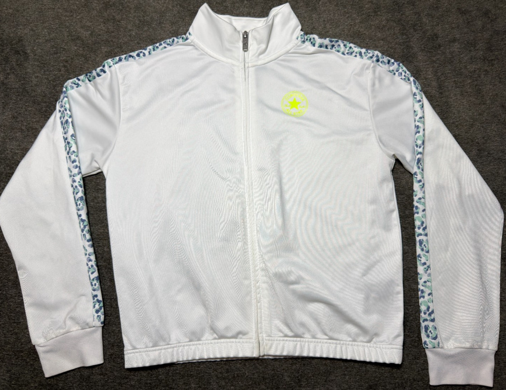 Converse All Star Girls Track Jacket XL 13-15 White Leopard Tape Neon Logo Zip